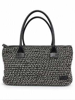 The Sak Black Cream Woven Crochet Shoulder Tote Bag Leather Handles
